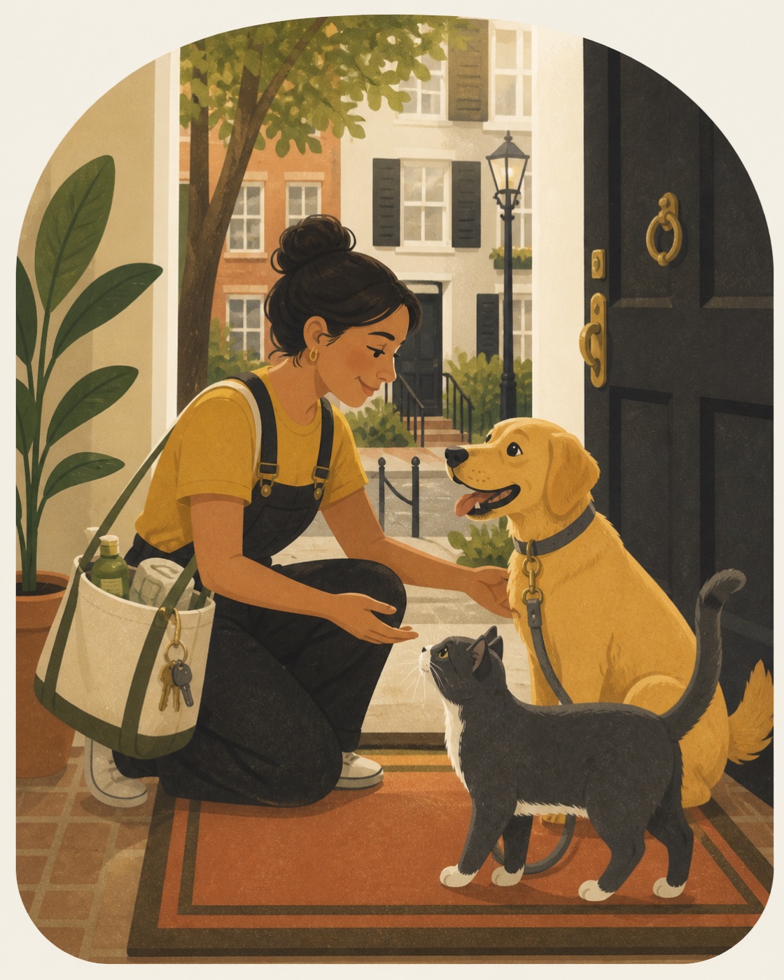 A trusted pet sitter greeting a dog and cat inside a Georgetown home